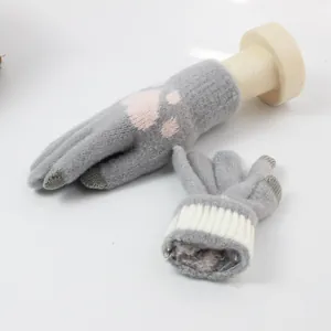 Gray winter knit gloves with pink cat paw print, touchscreen tips and plush warm lining