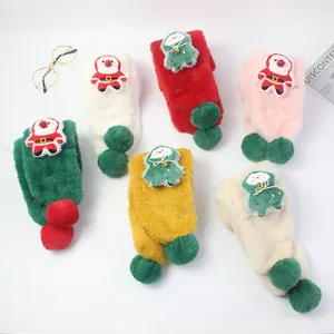 Children Christmas Plush Scarf Faux Fur Thick Warm Neck Warmer Cartoon Santa Claus Bear Doll Scarf With Pom-Poms Festive Gift