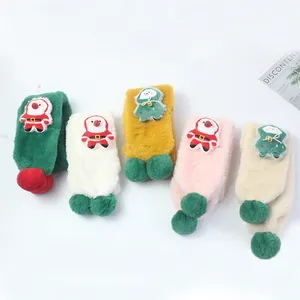Detailed plush Christmas scarves with 3D Santa and tree designs in five festive colors