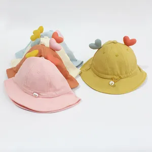 Cappello da Pescatore in Cotone per Neonati e Bambini Con Decorazione a Cuore Regolabile Antivento Protezione Solare Estiva