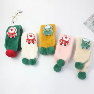 Plush Christmas scarves for kids with cute Santa and tree decorations in five warm colors