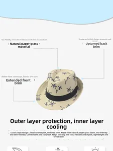 Detail of eco-friendly paper straw sun hat with palm tree patterns and black band