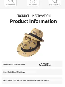 Detail of natural paper straw beach hats with palm tree patterns and size information