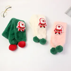 Plush Christmas scarves for kids featuring Santa Claus cartoon patch and pom-pom details