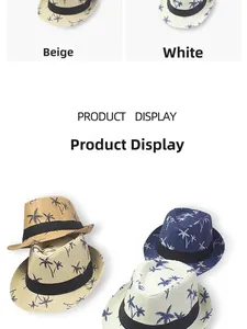 Detailed view of breathable straw jazz hat with palm tree patterns and black ribbon