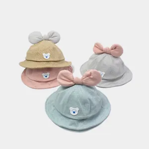 Baby Girl Bow Polka Dot Bucket Hat Soft Cotton Sun Protection Fisherman Cap With Cartoon Bear Patch Breathable Summer Hat