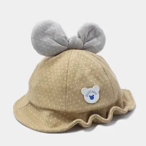 Toddler sun hat with khaki polka dots, large gray bow and cute bear patch