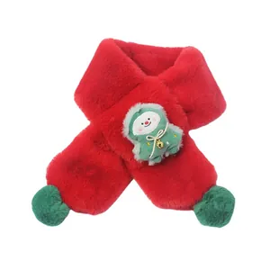 Plush Christmas scarf for kids featuring festive red faux fur with a small snowman and bell