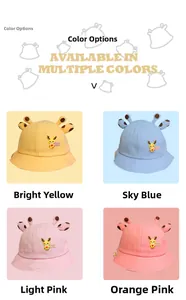 Detalle de sombreros de pescador infantiles de algodón en amarillo, azul y rosa con orejas