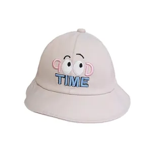 Beigefarbener Kinder Sonnenhut aus Baumwolle mit Good Time Stickerei und Augenmotiv