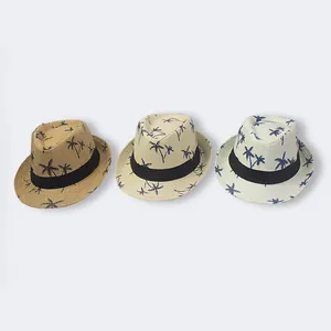 Three-pack beach fedora straw hats with palm tree pattern in khaki beige and white