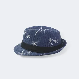 Dark blue straw fedora with white coconut palm patterns and black ribbon for beach holidays