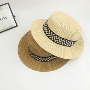 Cappello di Paglia di Carta a Cima Piatta a Scacchi per Donna Bambini Tesa Larga Parasole Spiaggia Vacanze Viaggio Cappello Estivo