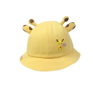 Lindo sombrero de sol amarillo de algodón para niños con cuernos y parche de ciervo