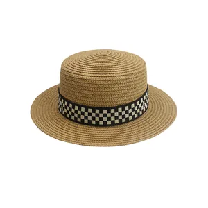 Cappello di paglia a tesa larga con fascia a scacchi bianca e nera per il sole