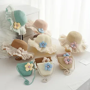 Girls summer straw sun hat and matching crossbody bag set with floral organza trim