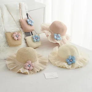 Sweet Summer Floral Straw Hat And Mini Crossbody Bag Mesh Lace Sun Protection Wide Brim Beach Accessory For Girls Women