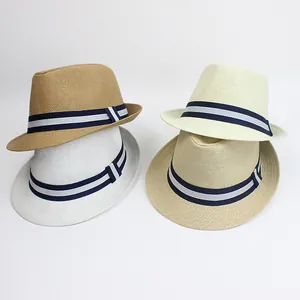 Classic woven paper straw fedora hats in multiple colors with striped band for summer