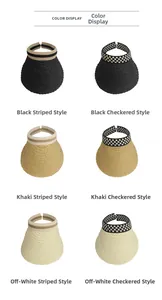 Color display of woven sun hats in black and khaki with striped and checkered brims