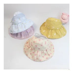 Detail showing various colors of girls' sun hats with wide brims and breathable mesh tops