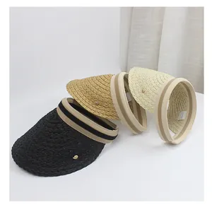 Three colors of straw sun visors featuring striped elastic bands and 100% paper weave
