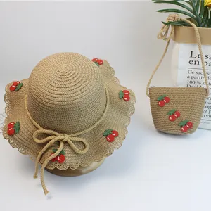 Summer girls straw sun hat and matching bag set with cherry embroidery and bow