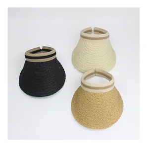 Detailed weave pattern and elastic striped band of summer straw sun visors in three colors