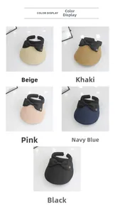 Color display of straw visor hats with bows in beige, khaki, pink, navy, and black