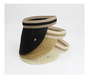 Straw sun visor hats in black, khaki and beige with elegant metallic badge detail
