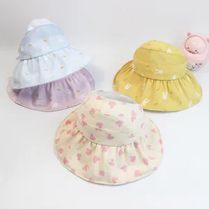 Kids Summer Sun Hat Empty Top Foldable Cotton Mesh Breathable Rabbit Carrot Print Beach Hat For Girls Adjustable