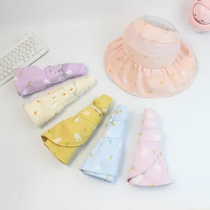 Foldable kids sun visor hat with cute bunny print and large brim in macaron colors