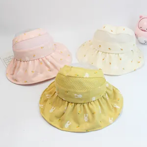 Kids wide brim sun visor hats with cute bunny patterns in pink beige and yellow colors