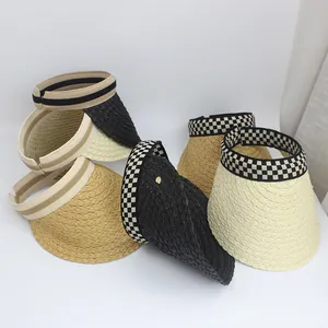 Summer raffia open top sun hat with wide brim in multiple colors and checkered headband