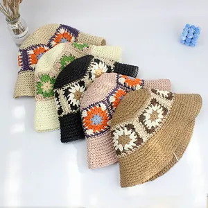 Handmade crochet sunflower straw hats for women in five colors for beach vacation use