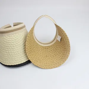 Women's UV protection wide brim raffia-style straw visor hats in cream and natural colors