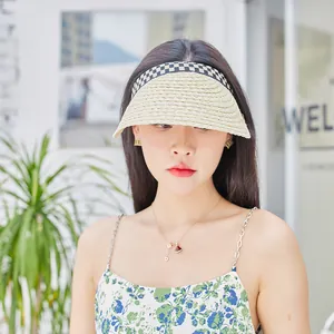 Women's raffia open top sun hat with checkered pattern wide brim for UV protection