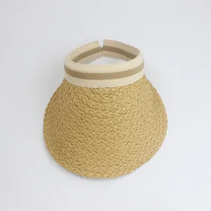 Beige woven wide brim open top sun hat with striped elastic band for UV protection