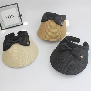 Women's Elegant Wide Brim Straw Visor Hat Large Bow Sun Protection Summer Beach Sunshade Open Top Hat With Metal M Tag