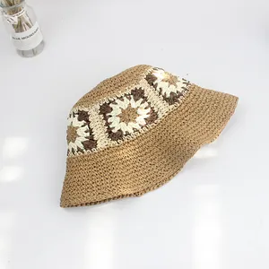 Handmade crochet sunflower straw hat with floral pattern for summer beach sun protection