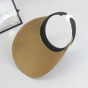 Women's straw sun visor with wide brim and black fabric trim for summer protection
