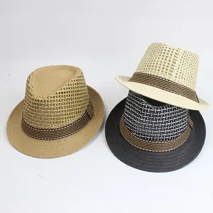Men Straw Fedora Hat Summer Breathable Mesh Sun Hat Short Brim Panama Jazz Cap Outdoor Beach UV Protection Sunshade Hat