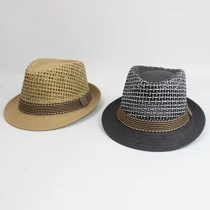 Men's breathable mesh straw fedora hats in tan and dark grey with striped bands