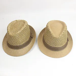 Classic men's mesh straw fedora hat for summer outdoor sun protection and breathability