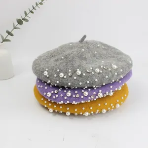 Elegant Wool Beret Hat For Women With Artificial Pearls And Rhinestones Winter Warm French Style Artist Hat