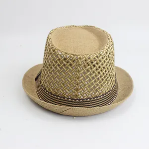 Close-up of breathable mesh straw fedora hat featuring a stylish striped ribbon band