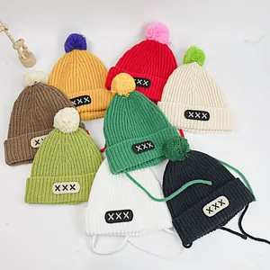 Children's Knit Pom Pom Hat Acrylic Warm Winter Beanie With Tie Straps For Boys Girls Toddler Korean Style Candy Color Hat
