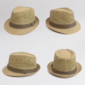 Men's mesh fedora sun hat in light brown with a striped band shown from four angles