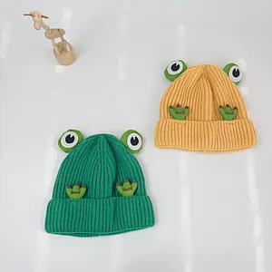 Cartoon Frosch Kinder Strickmütze Warm Winter Acryl Beanie Mit 3D Augen Buchstabenbestickung Für Jungen Mädchen Kleinkinder Outdoor Daily Wear