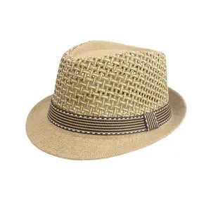 Men's mesh breathable straw fedora hat for sun protection with striped band detail