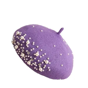 Elegant purple wool beret for women featuring white pearls and rhinestone decorations